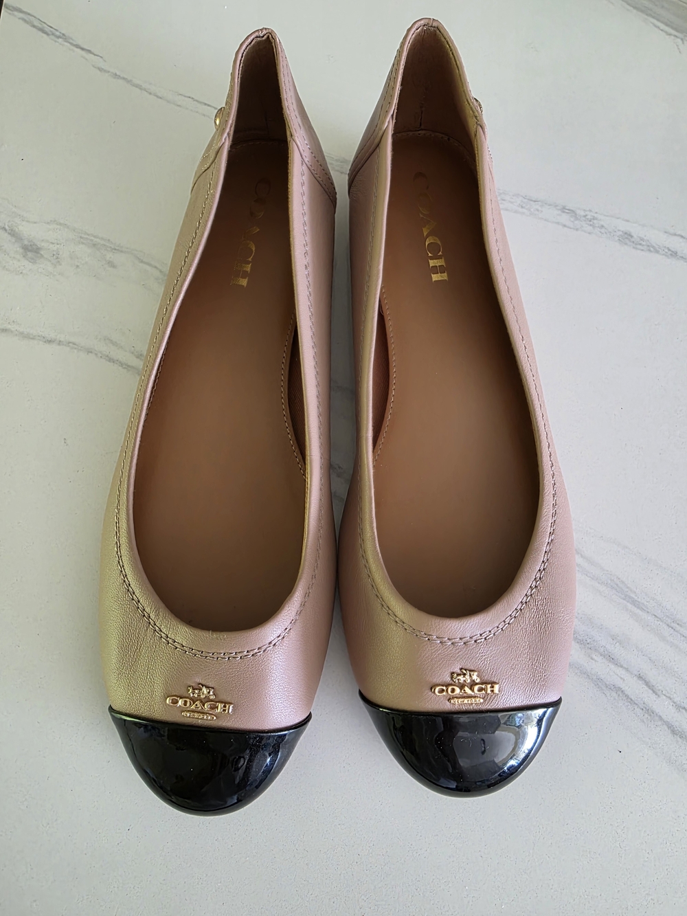 Coach Women's Pink Leather Ballet Flats with Black Patent Cap Toe